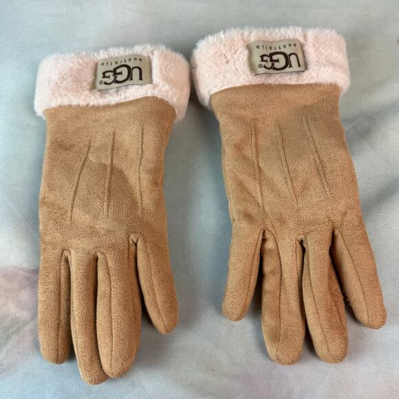 UGG Australia Tan Fleece Lined Faux Fur Cuff Gloves - Picture 2 of 5